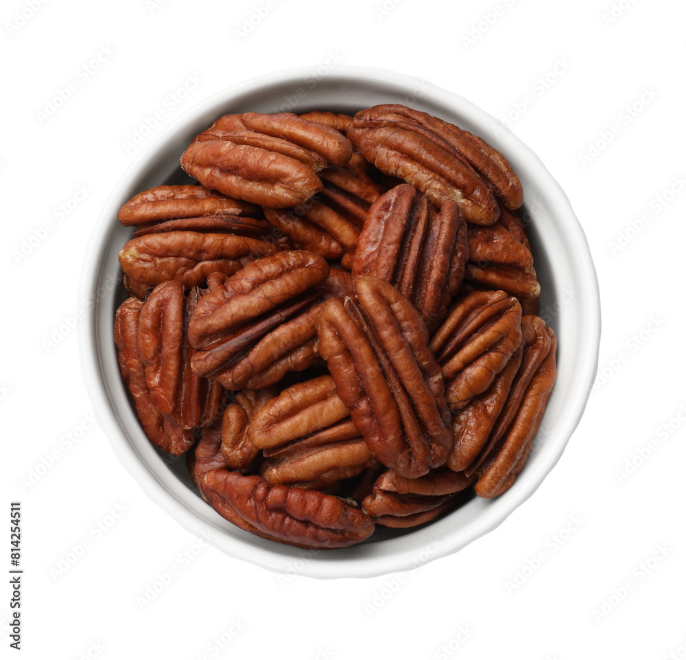 Tasty pecan nuts in bowl isolated on white, top view Tasty pecan nuts in bowl isolated on white, top view