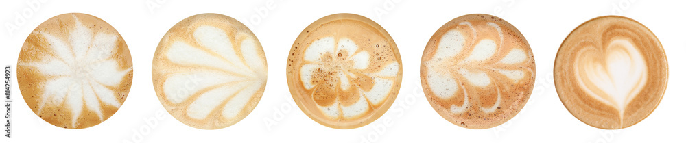 Coffee foam with latte art isolated on white, top view Coffee foam with latte art isolated on white, top view
