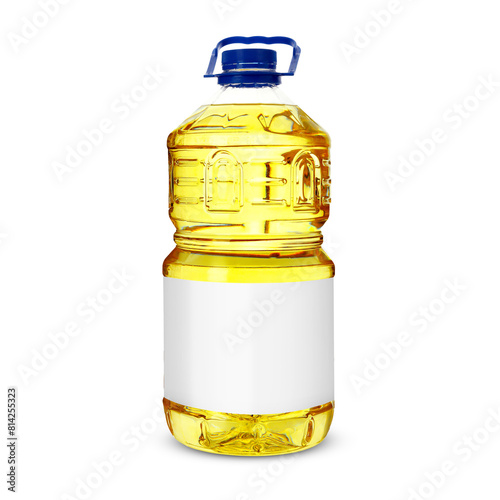 Cooking oil in plastic bottle with empty label isolated on white. Mockup for design photo