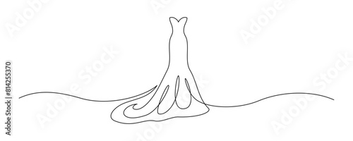 Wedding dress in one continuous line drawing. Fashion clothes symbol for bridal shop and invitation design in simple linear style. Editable stroke. Doodle elegance vector illustration