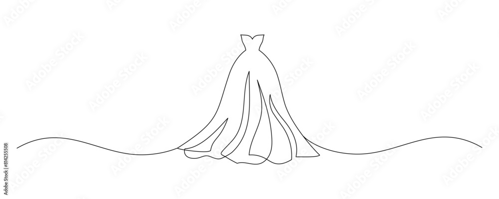 Wedding dress in one continuous line drawing. Fashion clothes symbol for bridal shop and invitation design in simple linear style. Editable stroke. Doodle contour vector illustration Wedding dress in one continuous line drawing. Fashion clothes symbol for bridal shop and invitation design in simple linear style. Editable stroke. Doodle contour vector illustration
