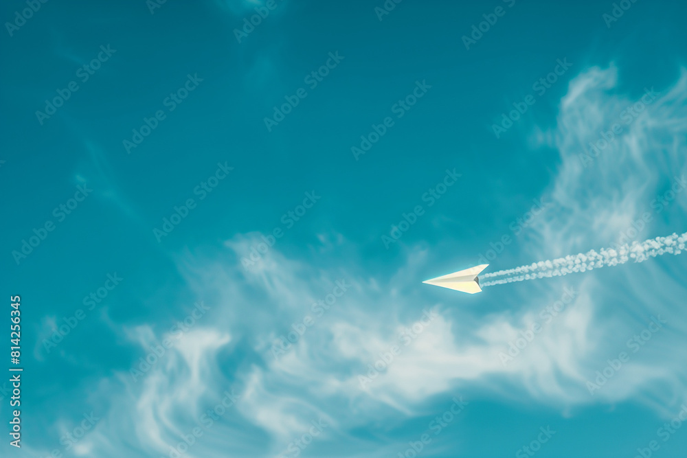 Fototapeta premium Paper airplane flying over a blue sky with copy space, representing freedom and journey concept, ideal wallpaper
