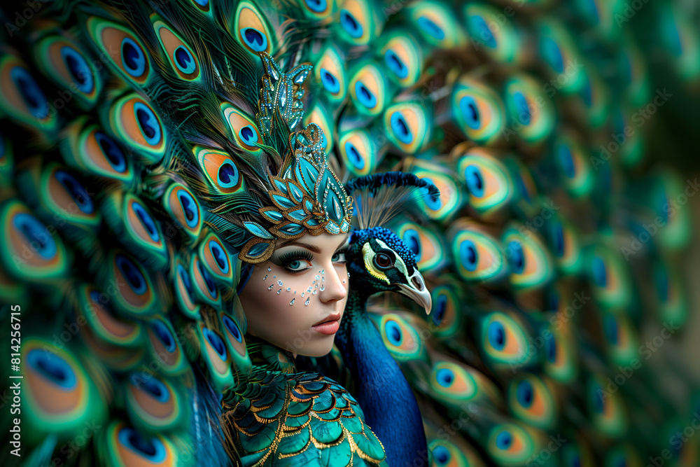 A model wearing a peacock feathered dress is posing with a peacock, perfect for a fashion magazine cover or print