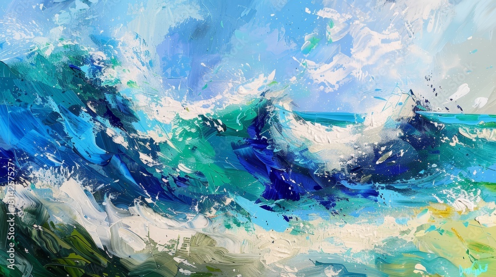 Abstract seascape with crashing waves and vibrant blue and green hues