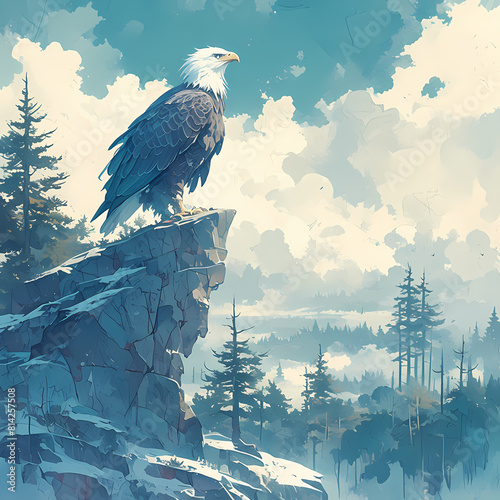 Majestic Bald Eagle in Flight Over Snowy Mountains with Foggy Forest photo