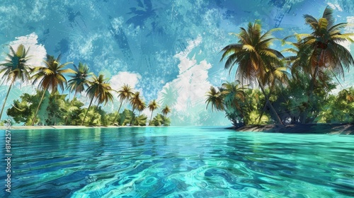 Abstract tropical landscape with palm trees and turquoise waters