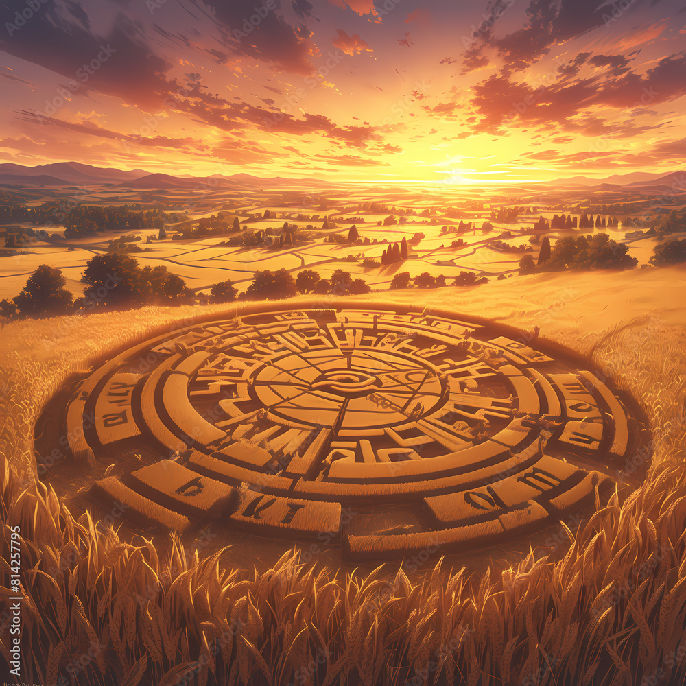 Awe-Inspiring Sunrise over Enigmatic Circular Designs in Golden Fields