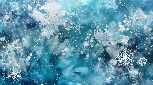 Abstract winter wonderland with snowflakes and cool blues and whites photo