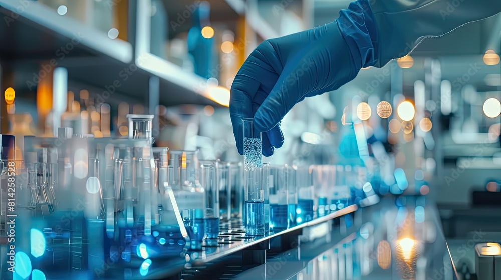 hand of scientist with test tube and flask in medical chemistry lab hand of scientist with test tube and flask in medical chemistry lab