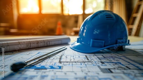 Detailed blueprints of architectural plans take center stage with helmet and necessary engineer tools on the table.