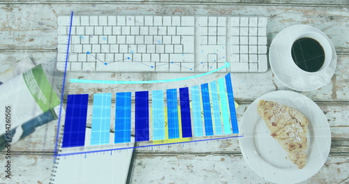 Image of graphs, overhead view of keyboard, coffee, food, morning and good text on notes