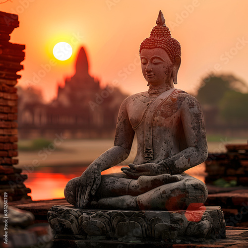 Buddha statue for meditation and relaxation with a temple background and an orange sunset