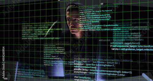 Image of data processing over caucasian male hacker