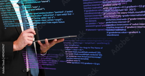 Image of data processing and caucasian businessman with tablet on black background