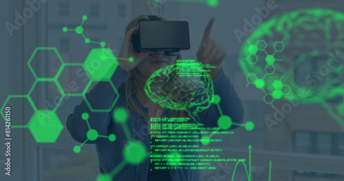 Image of data processing over caucasian woman using vr headset