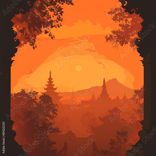 Buddhist theme background illustration with orange color and sky and temple behind it