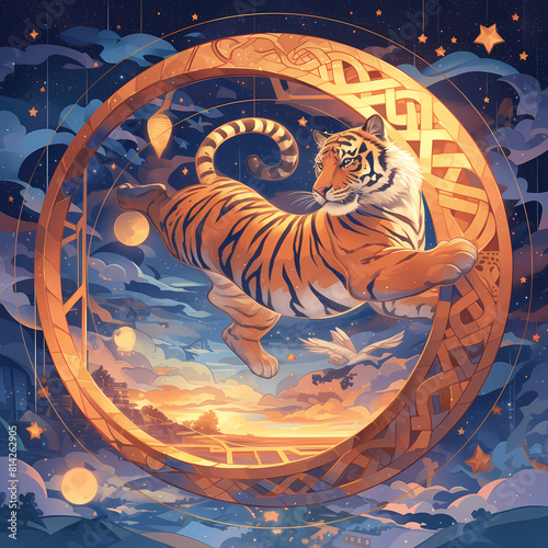 Vivid Fantasy: Tiger Jumps in Radiant Circle Art - Adobe Stock photo