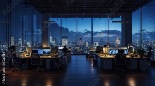 A gathering of individuals occupies office desks in a building during nighttime. The room features water fixtures  tables  and glass elements. AIG41