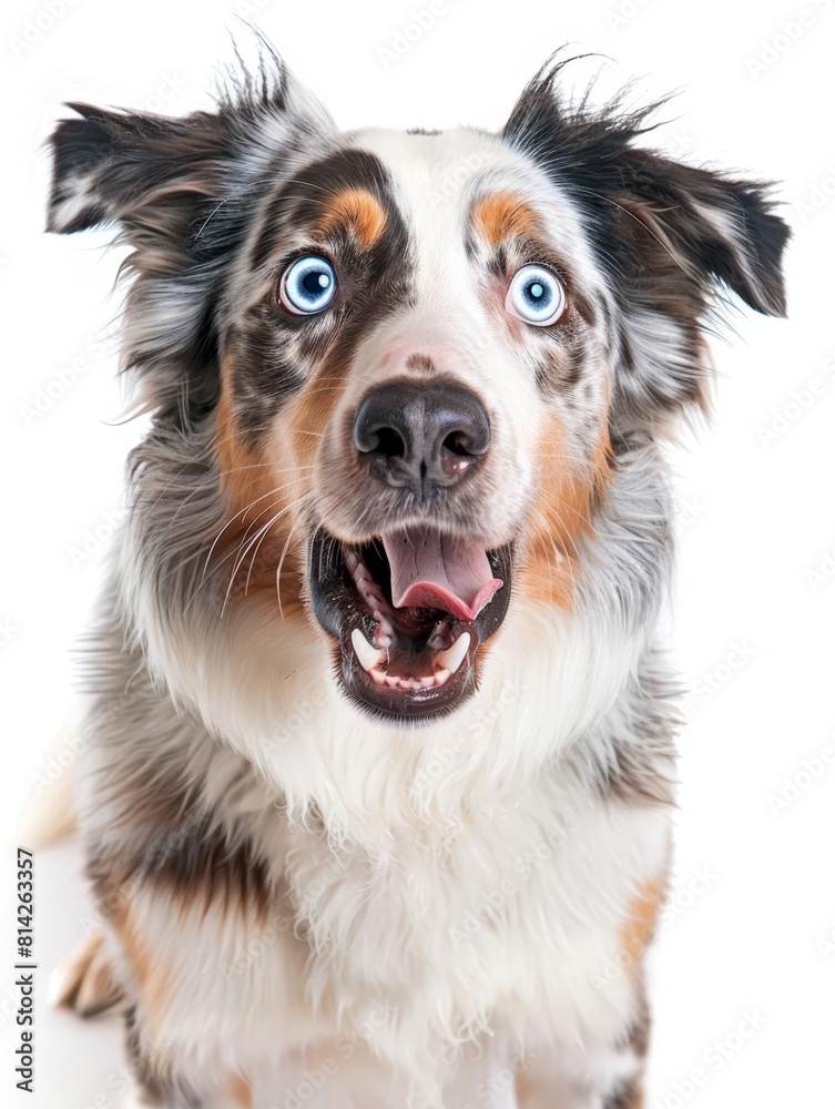 Australian Shepherd An intelligent and exuberant Australian Shepherd, showing off its striking blue eyes and active demeanor, isolated on white background.