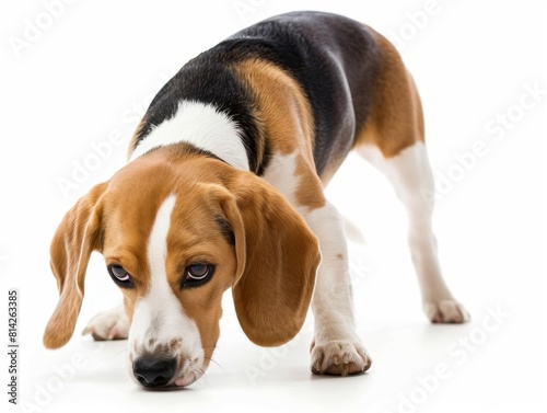 Beagle A small Beagle with a keen sense of smell, portrayed midsniff, showcasing its tracking instinct, isolated on white background.