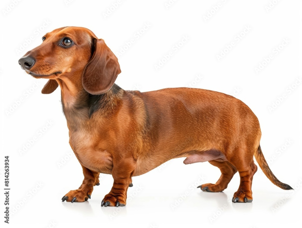 Dachshund A Dachshund with long back and short legs, captured in a playful stance to emphasize its hunting skill, isolated on white background.