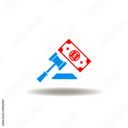 Vector illustration of gavel and money banknote. Icon of fine. Symbol of penalty.