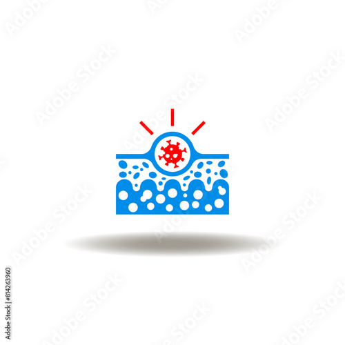 Vector illustration of skin with virus bacterium exclamation infectious. Icon of autoimmune skin disease. Symbol of skin inflammation.