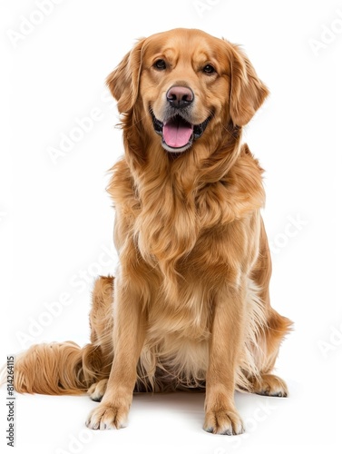 Golden Retriever A Golden Retriever with a warm, welcoming expression, demonstrating its friendly and tolerant demeanor, isolated on white background.