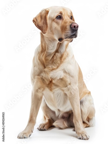Labrador Retriever A friendly Labrador Retriever sitting gracefully, showcasing its intelligent gaze and sociable nature, isolated on white background. © Thanunchnop