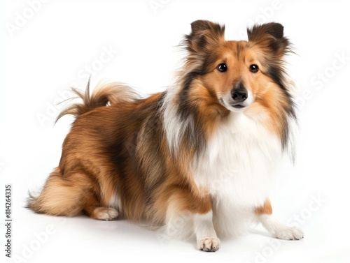 Shetland Sheepdog A Shetland Sheepdog, resembling a miniature Rough Collie, shown with its fluffy coat and intelligent eyes, isolated on white background.
