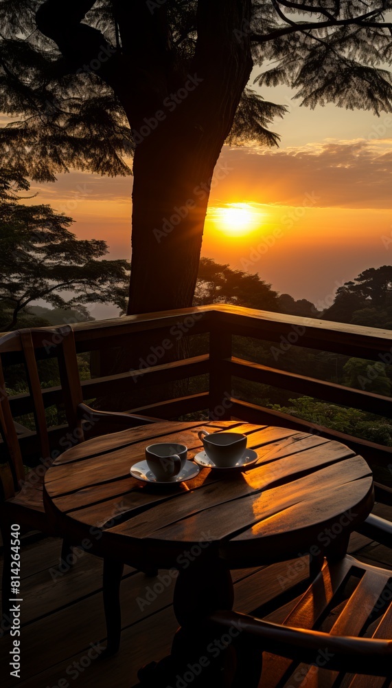 Fototapeta premium Warm sunset glow on wooden table and chairs overlooking lush green forest and distant mountains. A serene and peaceful setting for a relaxing evening with a cup of coffee or tea. Vertical Composition.
