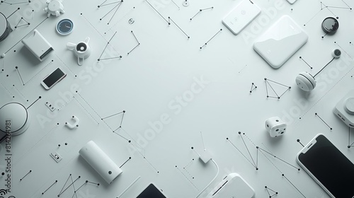 A banner for a tech expo featuring interconnected devices, with a large copy space on a white minimalist background photo