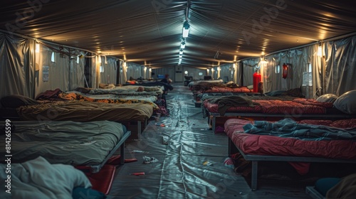 a homeless shelter, capturing rows of beds and the living conditions therein