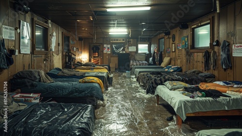 a homeless shelter, capturing rows of beds and the living conditions therein