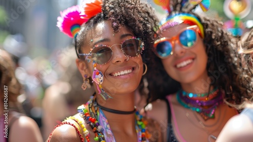 Two joyful women participating in a vibrant outdoor festival  celebrating with colorful accessories and radiant smiles
