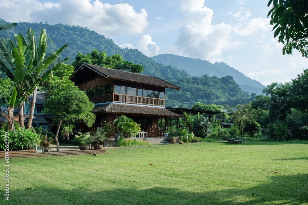 A scenic view of a large wooden house amidst lush green landscape with towering mountains and clear blue sky, showcasing peaceful rural living or holiday retreat A scenic view of a large wooden house amidst lush green landscape with towering mountains and clear blue sky, showcasing peaceful rural living or holiday retreat