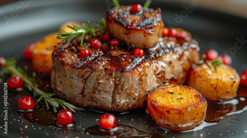 Grilled steak with roasted apricots and cranberries served on a dark ceramic plate, reflecting gourmet culinary presentation and appetite appeal