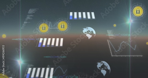 Image of digital padlocks with globes, programming codes and business graphs moving on abstract