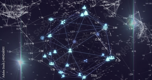 Image of digital computer icons and numbers interconnecting with lines forming globe