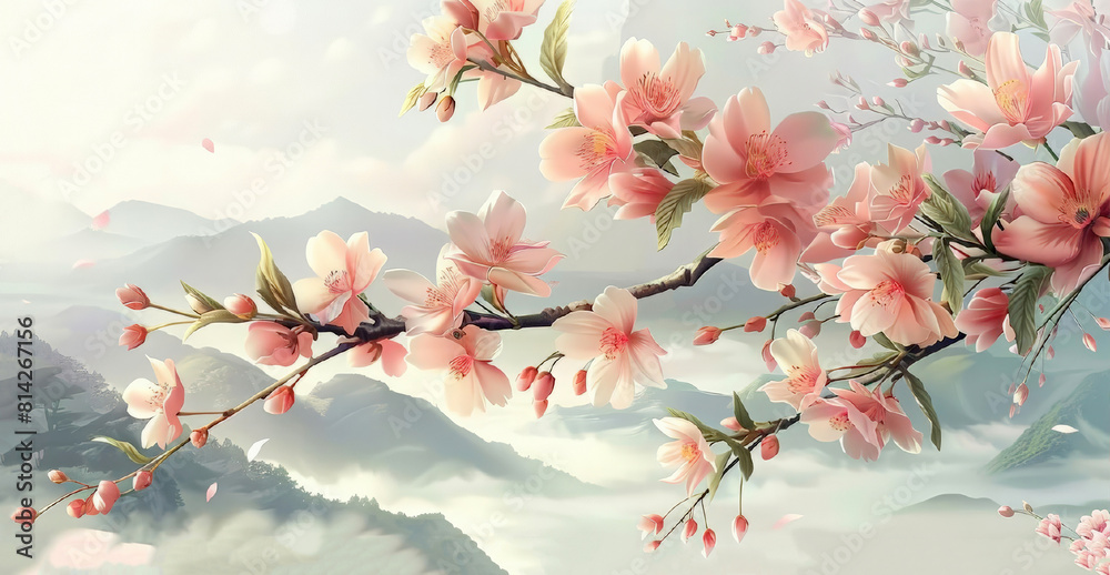 Cherry blossoms overlooking a foggy mountain landscape. Serene nature panoramic scene. Greeting card, banner, invitation. Springtime composition with copy space. Cherry blossoms overlooking a foggy mountain landscape. Serene nature panoramic scene. Greeting card, banner, invitation. Springtime composition with copy space.