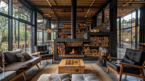The aroma of burning wood and crackling firewood adds a rustic touch to the modern  photo