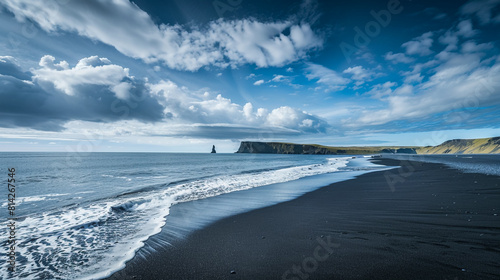 Volcanic Black Sand Beach with Lush Mountains