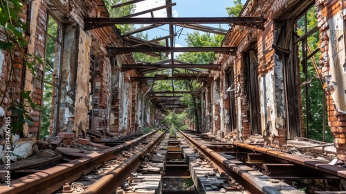Old abandoned railway station with dilapidated brick platform and rusty iron beams, showing a sense of forgotten history and natural decay