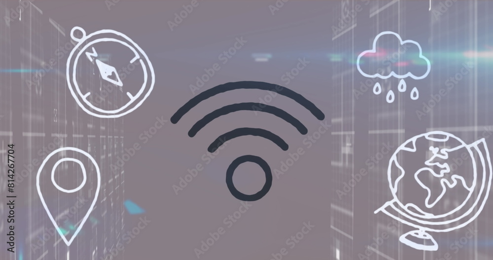 Image of shapes and media icons over gray background Image of shapes and media icons over gray background