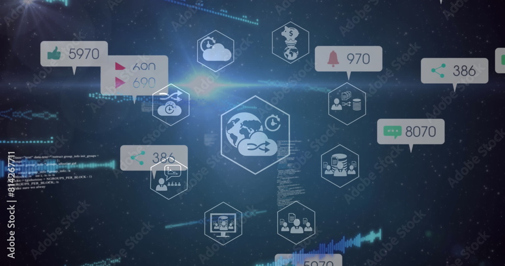 Image of data processing and media icons over black background Image of data processing and media icons over black background
