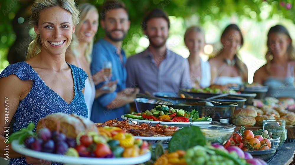A cheerful group of friends enjoying a lavish outdoor buffet brunch in a sunny garden setting, capturing moments of joy and togetherness A cheerful group of friends enjoying a lavish outdoor buffet brunch in a sunny garden setting, capturing moments of joy and togetherness