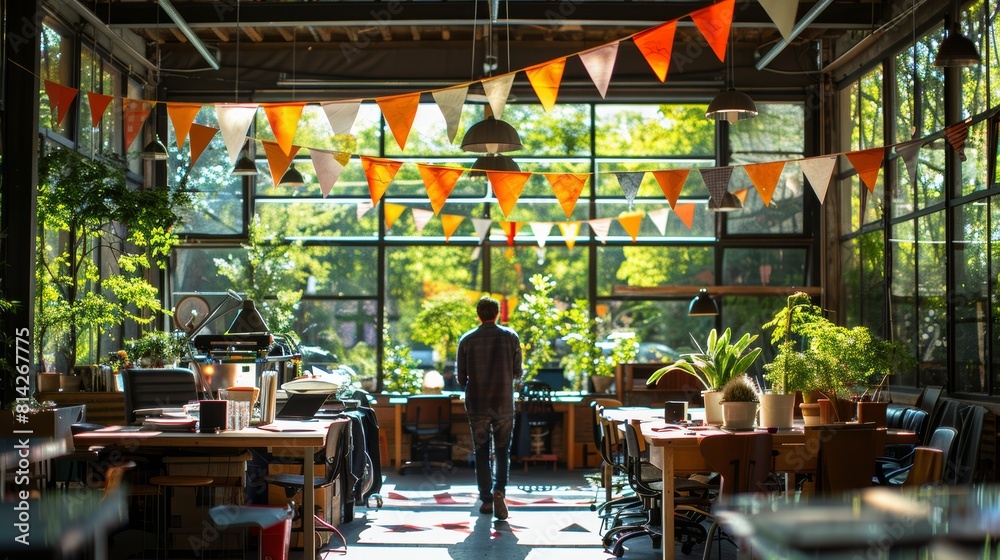A man stands alone in a sunlit, festively decorated cafe adorned with hanging flags and plush seating, exuding a cozy, inviting atmosphere A man stands alone in a sunlit, festively decorated cafe adorned with hanging flags and plush seating, exuding a cozy, inviting atmosphere