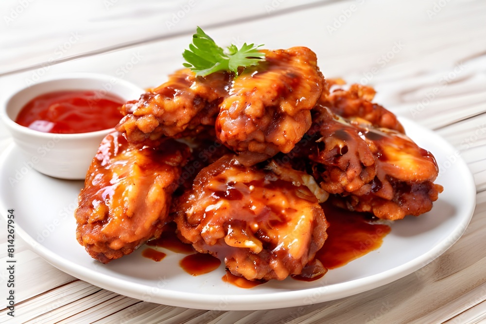 fried chicken wings with sauce on a white plate on a wooden table fried chicken wings with sauce on a white plate on a wooden table