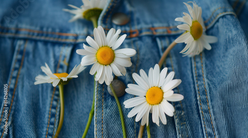 Daisies on Denim Jacket  Close-Up  Rustic and Casual Style  Spring Concept  