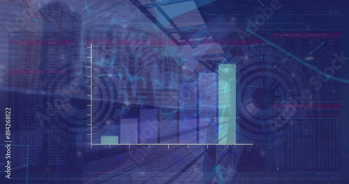 Image of scope scanning with data processing and network of connections over cityscape